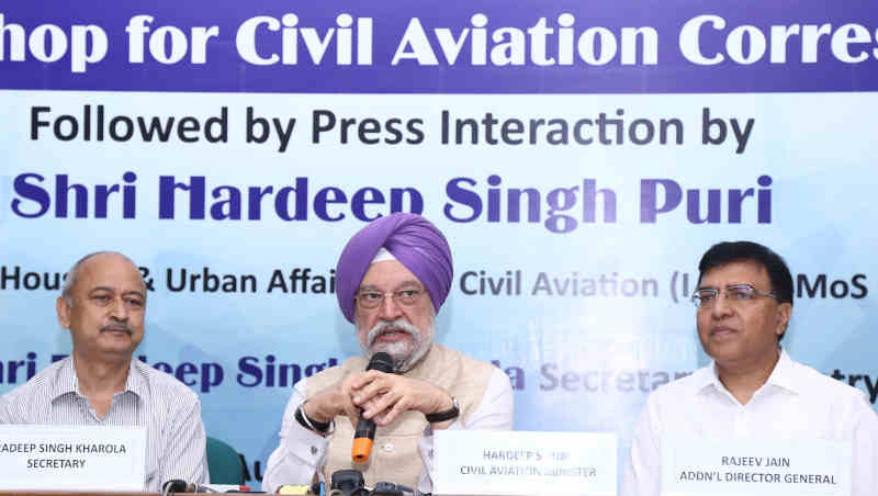 Hardeep Singh Puri addressing the media workshop for civil aviation correspondents, in New Delhi on August 29, 2019. Photo: PIB