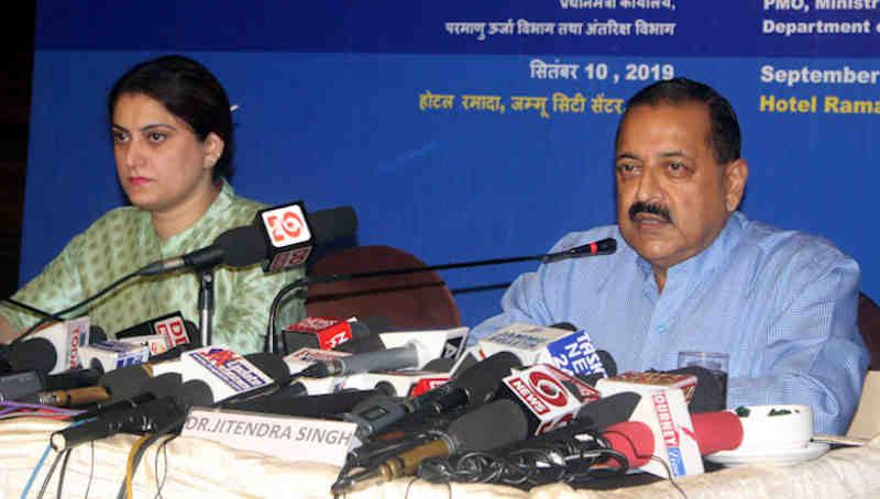 Jitendra Singh addressing a press conference on completion of 100 Days of Government, in Jammu on September 10, 2019. Photo: PIB