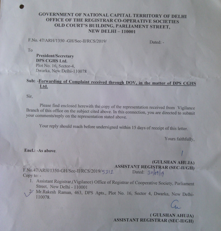In a notice dated 30.09.2019, the RCS office has asked the DPS CGHS MC to send its reply within 15 days for the corruption inquiry ordered by the Directorate of Vigilance (DOV). 