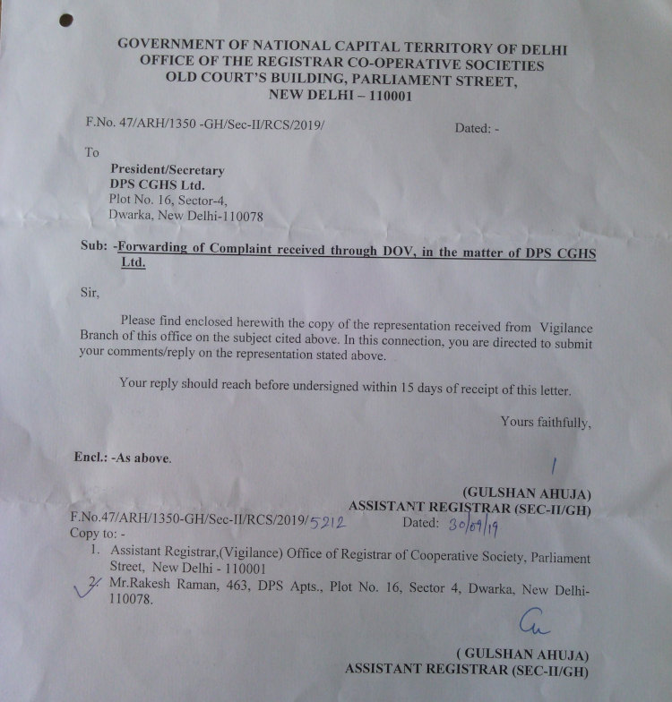 In a notice dated 30.09.2019, the RCS office has asked the DPS CGHS MC to send its reply within 15 days for the corruption inquiry ordered by the Directorate of Vigilance (DOV).