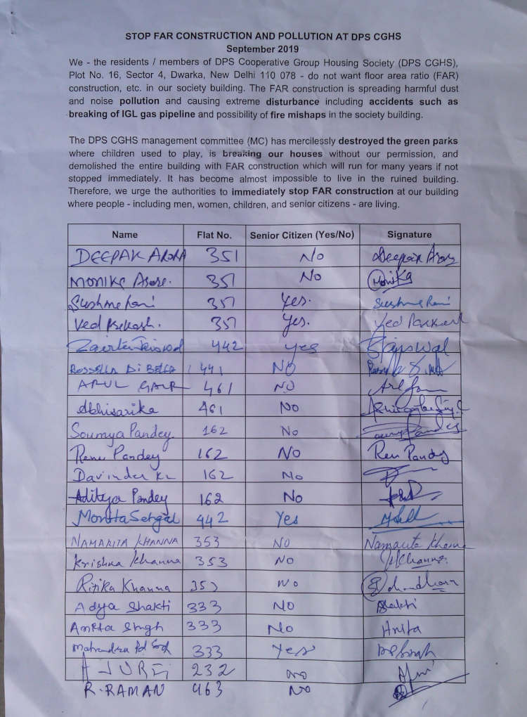 Signed representation of DPS CGHS residents who say that they do not want FAR construction, etc. as it is causing pollution, disturbance, and accidents in the society building.