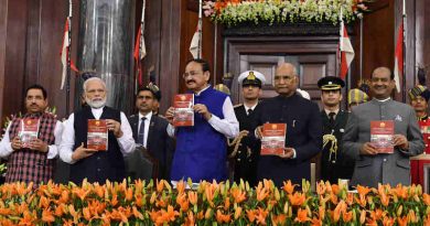 The President, Ram Nath Kovind, the Vice President, M. Venkaiah Naidu, the Speaker Lok Sabha, Om Birla, the Prime Minister, Narendra Modi and the Union Minister for Parliamentary Affairs Pralhad Joshi during the special session of Parliament to commemorate the 70th Constitution Day in New Delhi on November 26, 2019. Photo: PIB