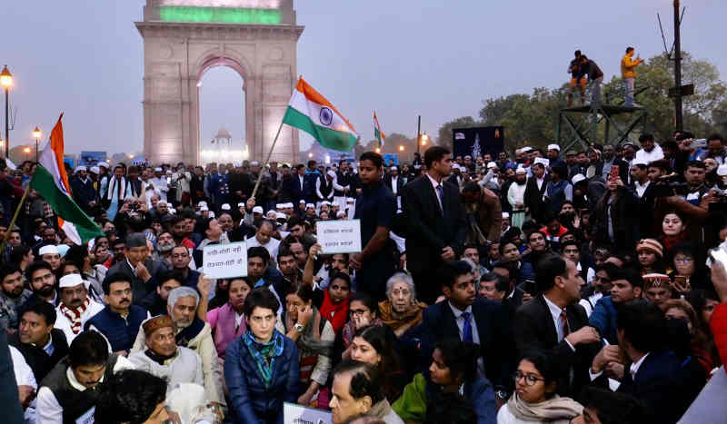 Congress leader Priyanka Gandhi holding a massive rally in New Delhi on December 16, 2019 to protest against the Modi government's anti-Muslim laws. Photo: Congress