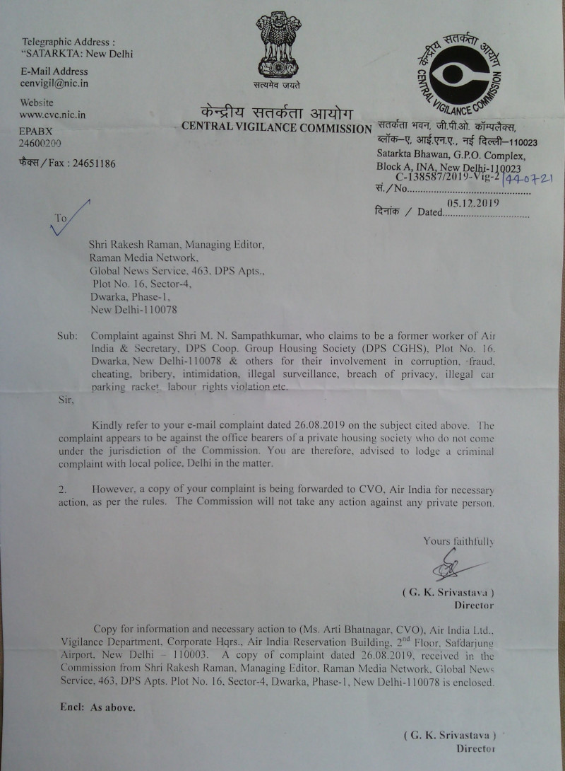 With its letter dated 05.12.2019, the CVC Director has sent Sampathkumar’s case file to the Chief Vigilance Officer (CVO) of Air India.