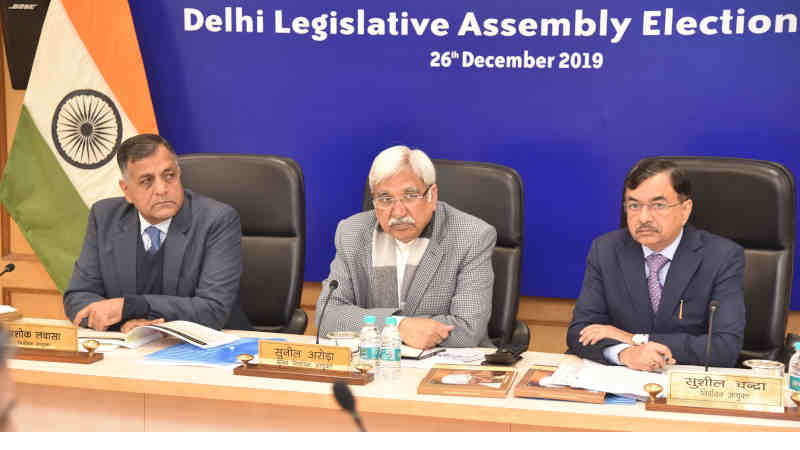 The Chief Election Commissioner, Sunil Arora reviews the meeting on poll preparedness for Delhi Assembly Election, in New Delhi on December 26, 2019. The Election Commissioners, Ashok Lavasa and Sushil Chandra are also seen. Photo: PIB