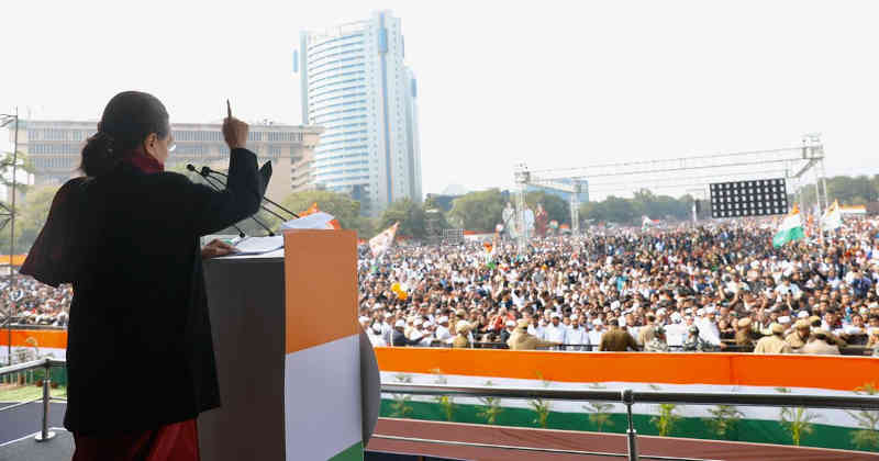 Congress president Sonia Gandhi addressing people at the Bharat Bachao Rally or “Save India Rally” in India’s capital New Delhi on December 14, 2019. Photo: Congress (file photo)