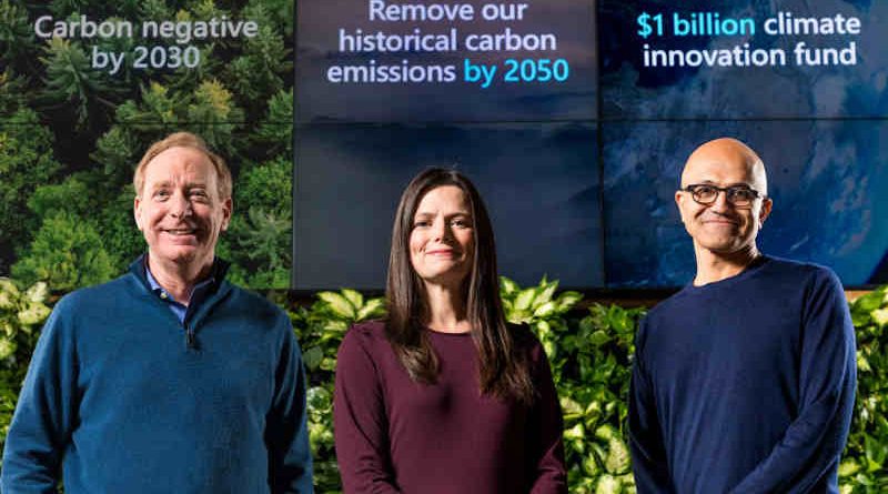 Microsoft President Brad Smith, Chief Financial Officer Amy Hood, and CEO Satya Nadella preparing to announce Microsoft’s plan to be carbon negative by 2030 on January 15, 2020. Photo: Microsoft / Brian Smale