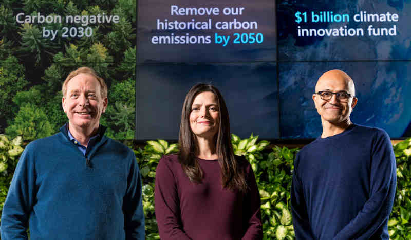 Microsoft President Brad Smith, Chief Financial Officer Amy Hood, and CEO Satya Nadella preparing to announce Microsoft’s plan to be carbon negative by 2030 on January 15, 2020. Photo: Microsoft / Brian Smale