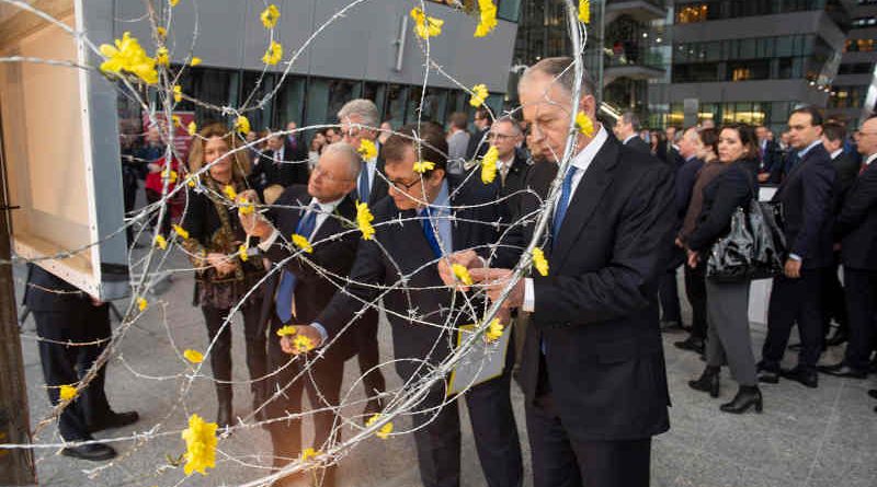 NATO Deputy Secretary General Mircea Geoană and Francesco Talò (Italian Permanent Representative to NATO) at the unveiling of art installation “Dandelions” at a ceremony hosted by the Italian delegation to NATO, marking the International Holocaust Remembrance Day. Photo: NATO