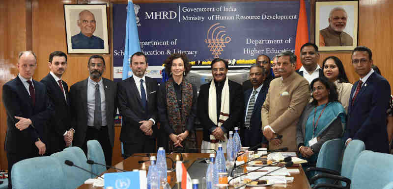 The DG, UNESCO, Ms. Audrey Azoulay meeting the Union Minister for Human Resource Development, Dr. Ramesh Pokhriyal Nishank, in New Delhi on February 04, 2020. The Secretary, Department of School Education & Literacy, Shri Amit Khare and other dignitaries are also seen. Photo: PIB