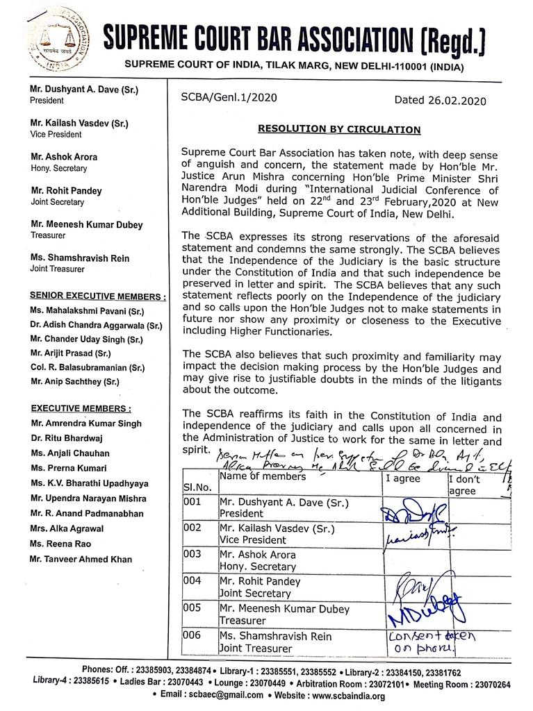 Exhibit 2: The Supreme Court Bar Association (SCBA) issued a resolution dated 26.02.2020 to denounce Justice Arun Mishra’s praise for prime minister Narendra Modi.