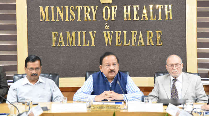 The Union Minister for Health & Family Welfare, Dr. Harsh Vardhan chairing the review and coordination meeting on COVID-19, in New Delhi on March 09, 2020. The Lt. Governor of Delhi, Anil Baijal and the Chief Minister of Delhi, Arvind Kejriwal are also seen. Photo: PIB