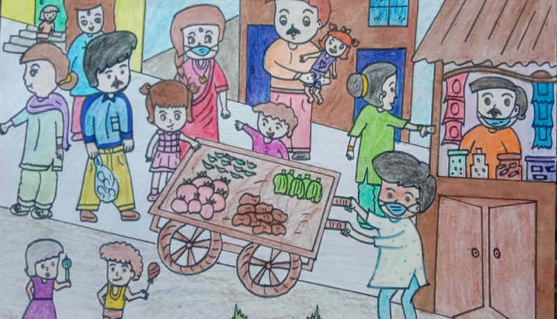 Illustration shows that people in Delhi do not observe precautionary Covid guidelines such as social-distancing and most people roam in the streets without wearing face masks. Illustration for RMN News Service by 13-year-old school student Imrana who lives in Delhi.