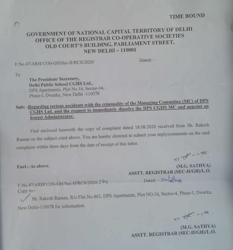 RCS office of Delhi Government has issued a notice dated 24.08.2020 to the president / secretary of DPS CGHS about the criminality of the MC in causing serious accidents in the building during the ongoing floor area ratio (FAR) construction. 