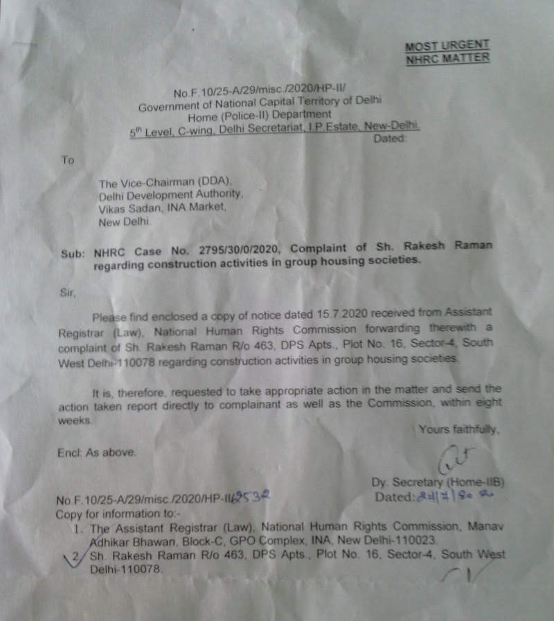 Letter from Home (Police-II) Department of Delhi Government under NHRC directions to Vice Chairman DDA regarding illegal construction activities in Delhi’s group housing societies.