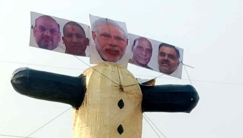 Effigy of PM Narendra Modi along with his BJP party colleagues, including Amit Shah, Adityanath, and Rajnath Singh, ready to be burnt on the occasion of Dussehra on October 25, 2020. Photo: Punjab Youth Congress