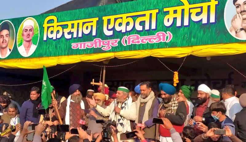 Indian farmers protesting at Ghazipur in Uttar Pradesh (UP) on January 29, 2021. Photo: Swaraj Abhiyan