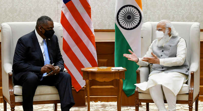 The U.S. Defence Secretary, Mr. Lloyd Austin calls on India's Prime Minister, Narendra Modi, in New Delhi on March 19, 2021. Photo: PIB