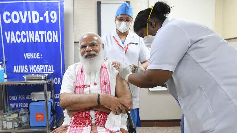 Prime Minister (PM) of India Narendra Modi taking Covid-19 vaccine at Delhi’s All India Institute of Medical Sciences (AIIMS) on March 1, 2021. Photo: Narendra Modi / Twitter