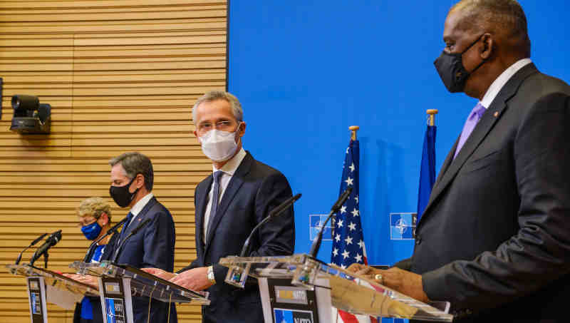 Joint press conference by NATO Secretary General Jens Stoltenberg, US Secretary of State Antony J. Blinken and US Secretary of Defense Lloyd J. Austin III. Photo: NATO