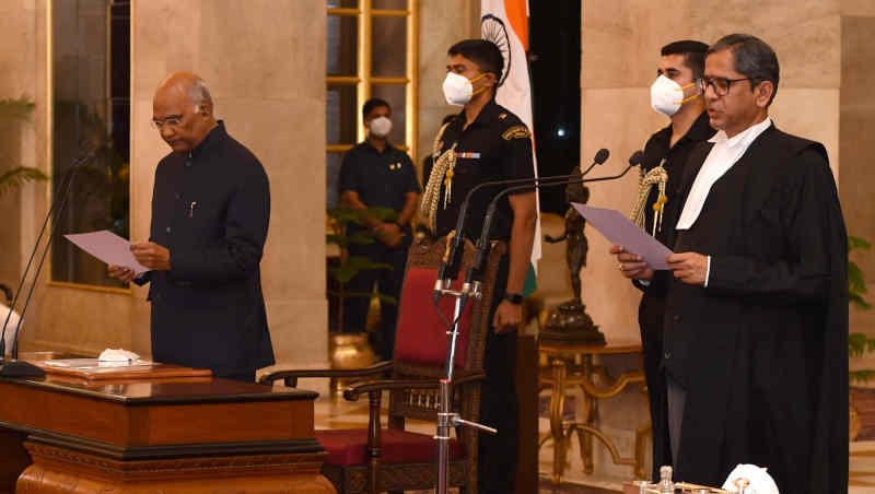 Justice Nuthalapati Venkata Ramana sworn in as the Chief Justice of the Supreme Court of India by the President of India Ram Nath Kovind on April 24, 2021 at the Rashtrapati Bhavan. Photo: Rashtrapati Bhavan (file photo)