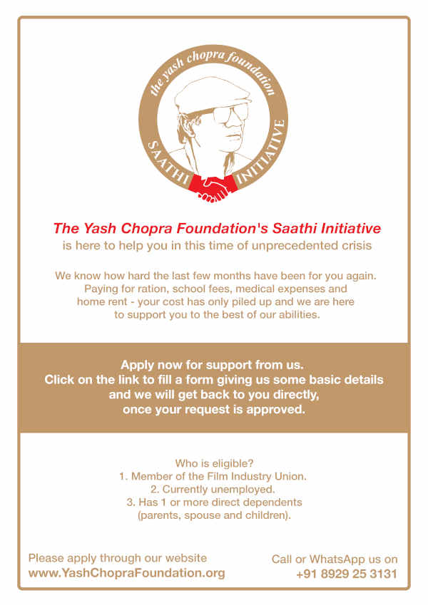 Covid Help: Yash Chopra Saathi Initiative. Photo: YRF