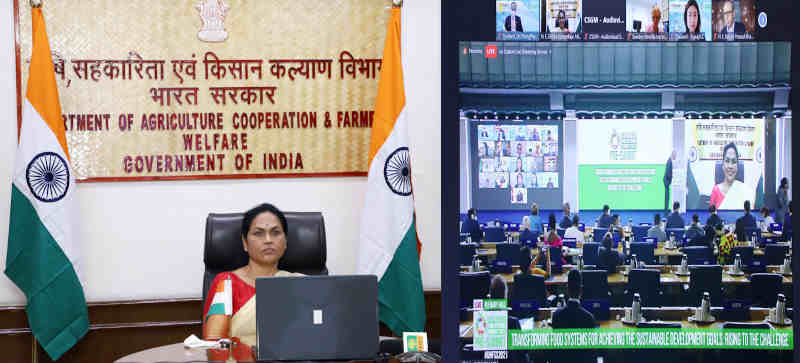 The Minister of State for Agriculture and Farmers Welfare, Ms Shobha Karandlaje virtually addressing the Ministerial Roundtable on “ Transforming Food Systems for Achieving the SDGs: Rising to the Challenge”, organised by the United Nations as part of the UN Food Systems Pre-Summit, in New Delhi on July 27, 2021. Photo: PIB