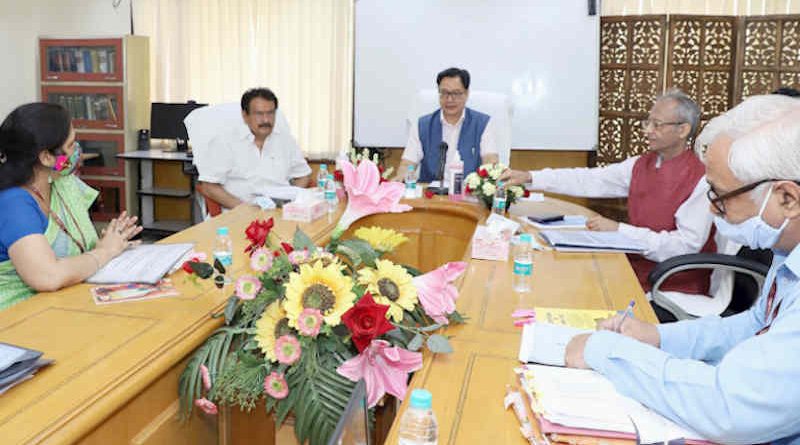 The Union Minister for Law and Justice, Kiren Rijiju chairing the meeting to review various issues of the Department of Legal Affairs and Legislative Department under the Law Ministry, in New Delhi on July 15, 2021. The Minister of State for Law and Justice, S.P. Singh Baghel is also seen. Photo: PIB