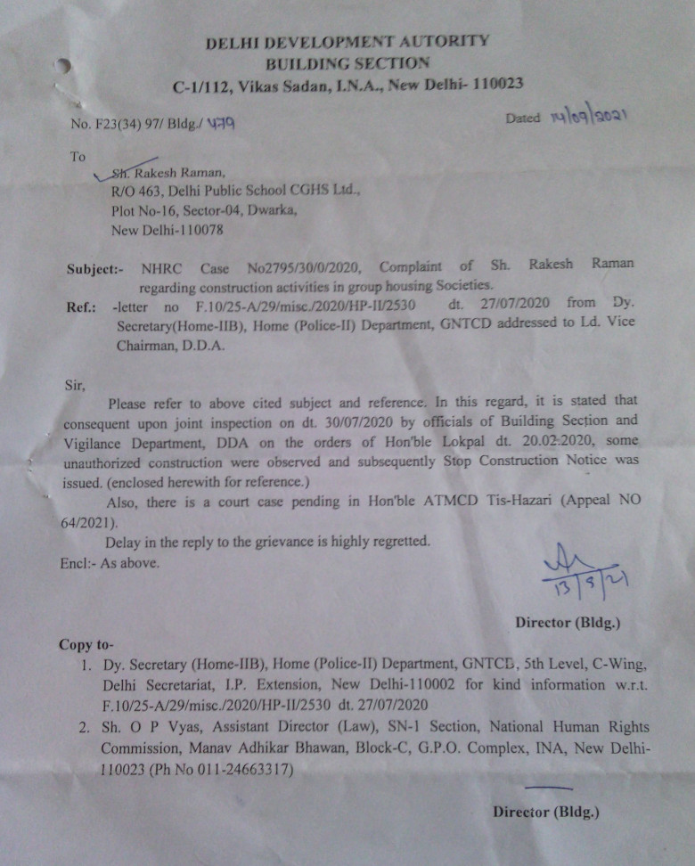 DDA letter dated 14.09.2021 informing me (Rakesh Raman) that unauthorized FAR construction at DPS CGHS has been stopped under directions from NHRC and Lokpal