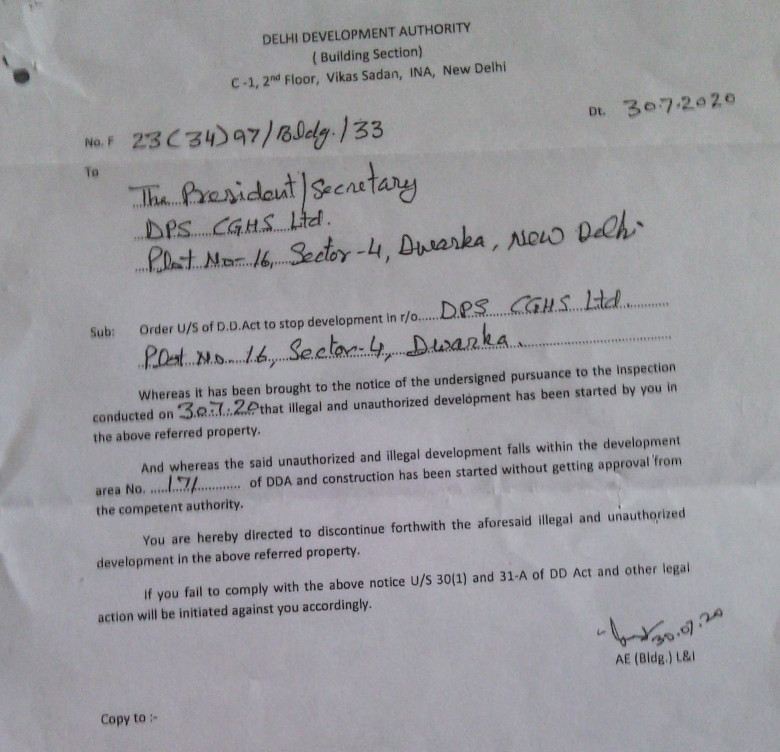 DDA order dated 30.7.2020 to stop illegal and unauthorized FAR construction at DPS CGHS, Sector-4, Dwarka, New Delhi