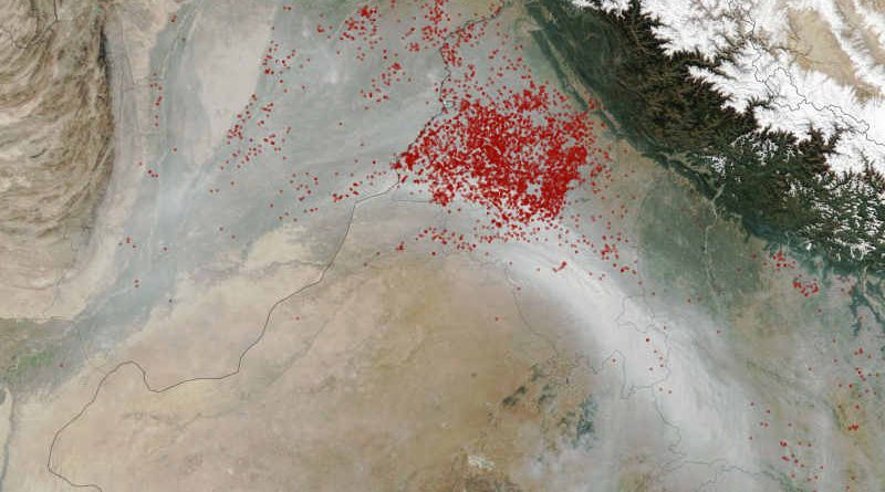 NASA Earth Observatory image taken on November 11, 2021 by Lauren Dauphin shows soaring levels of air pollution in Delhi.