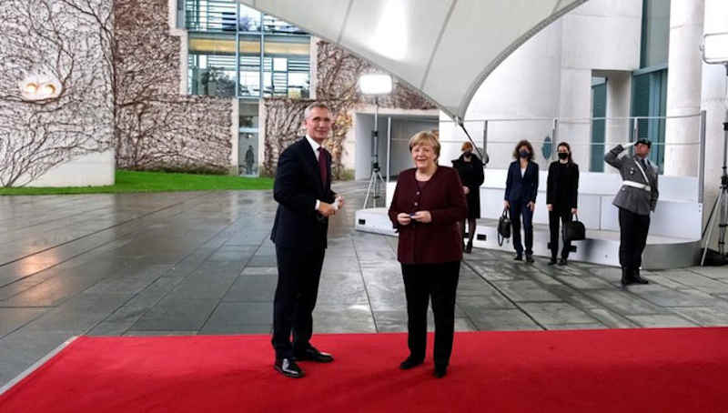 NATO Secretary General Jens Stoltenberg meeting Chancellor Angela Merkel in Berlin on 19 November 2021. Photo: NATO