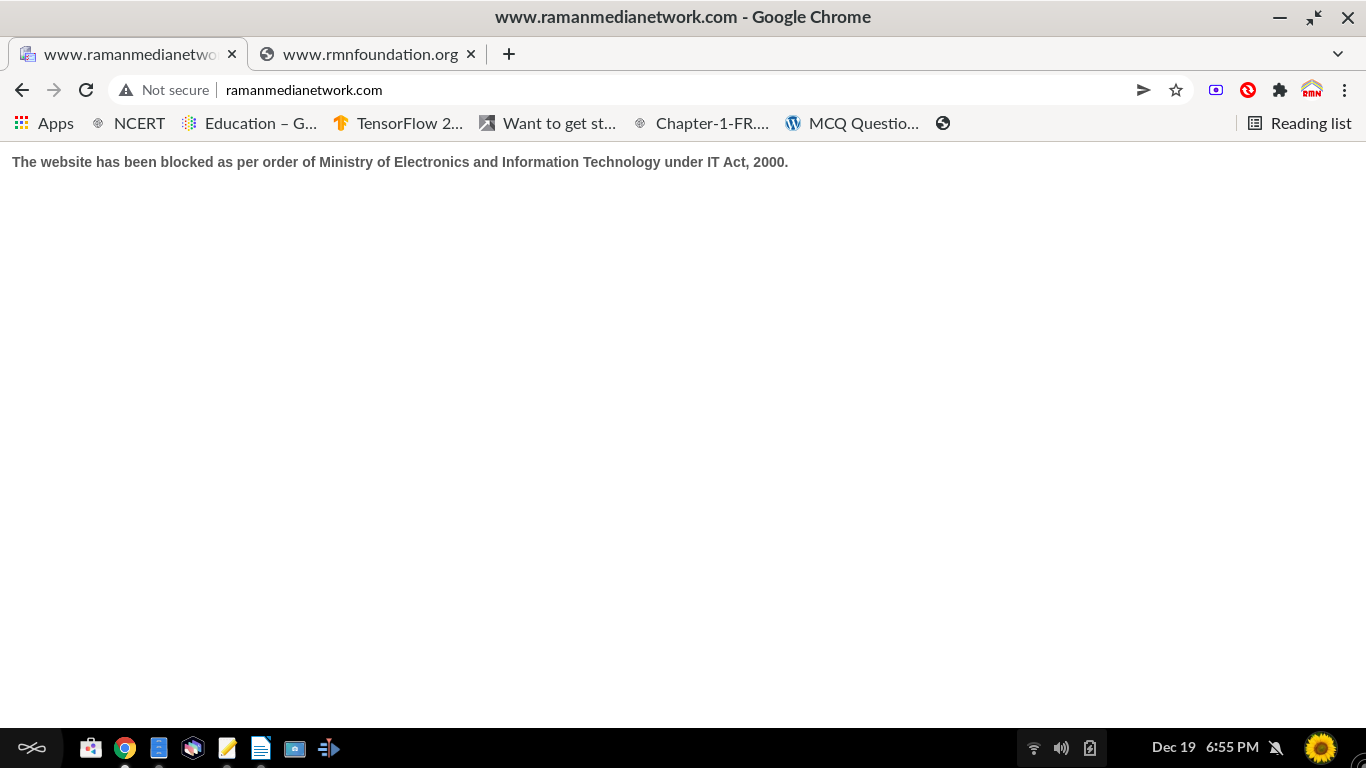 “The website has been blocked as per order of Ministry of Electronics and Information Technology under IT Act, 2000.” The screenshot of the blocked site message on December 19, 2021