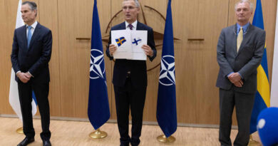 Finnish Ambassador to NATO Klaus Korhonen and the Swedish Ambassador to NATO Axel Wernhoff submitted their official letters of application to join NATO to NATO Secretary General Jens Stoltenberg at the Alliance’s Brussels headquarters on May 18, 2022. Photo: NATO