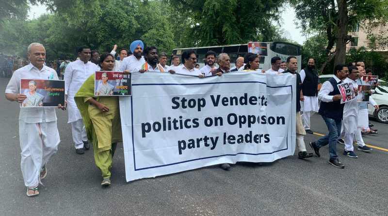 Congress leads protest on the roads of Delhi on July 21, 2022 against the Enforcement Directorate and the vendetta politics of PM Modi. Photo: Congress