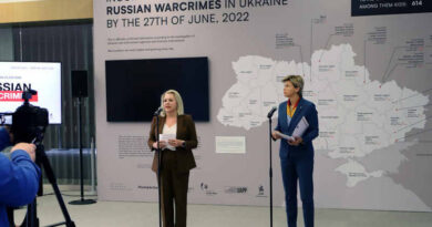 Ambassador Nataliia Galibarenko, the Head of the Mission of Ukraine to NATO and NATO Assistant Secretary General for Public Diplomacy, Ambassador Baiba Braže, on 6 July 2022 opened the “Russian War Crimes House” exhibition at the NATO Headquarters in Brussels. Photo: NATO