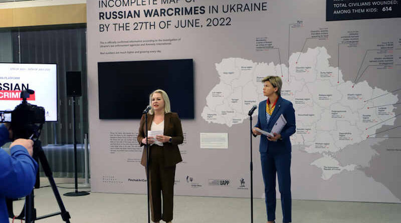 Ambassador Nataliia Galibarenko, the Head of the Mission of Ukraine to NATO and NATO Assistant Secretary General for Public Diplomacy, Ambassador Baiba Braže, on 6 July 2022 opened the “Russian War Crimes House” exhibition at the NATO Headquarters in Brussels. Photo: NATO