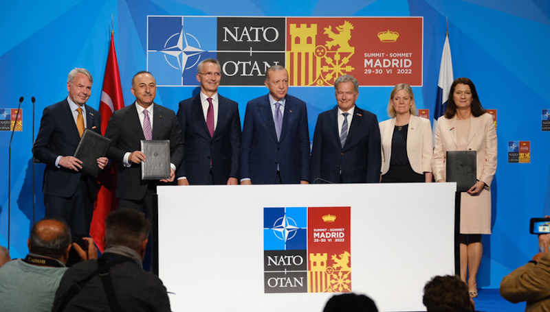 President Recep Tayyip Erdoğan of Türkiye, President Sauli Niinistö of Finland, and Prime Minister Magdalena Andersson of Sweden met in Madrid on 28 June 2022 under the auspices of NATO Secretary General Jens Stoltenberg. Photo: NATO