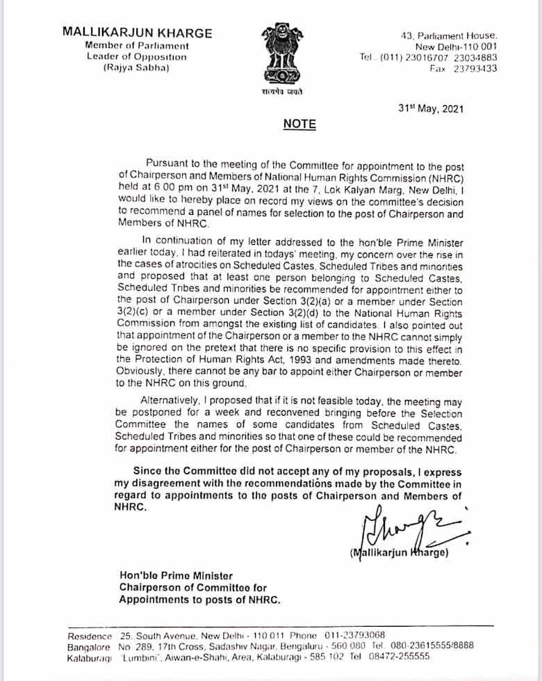 Exhibit 1: Letter dated May 31, 2021 from Leader of Opposition in Rajya Sabha Mallikarjun Kharge who dissociated himself from the process of NHRC chairperson’s selection.