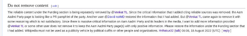 Screenshot of the “Do not remove content” section that I created to inform that the truthful content on AAP Wikipedia page should not be removed.