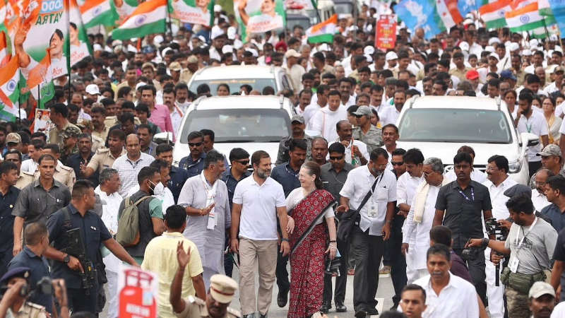 Congress president Sonia Gandhi participating in the Bharat Jodo Yatra or “Unite India March” in Karnataka on October 6, 2022. Photo: Congress