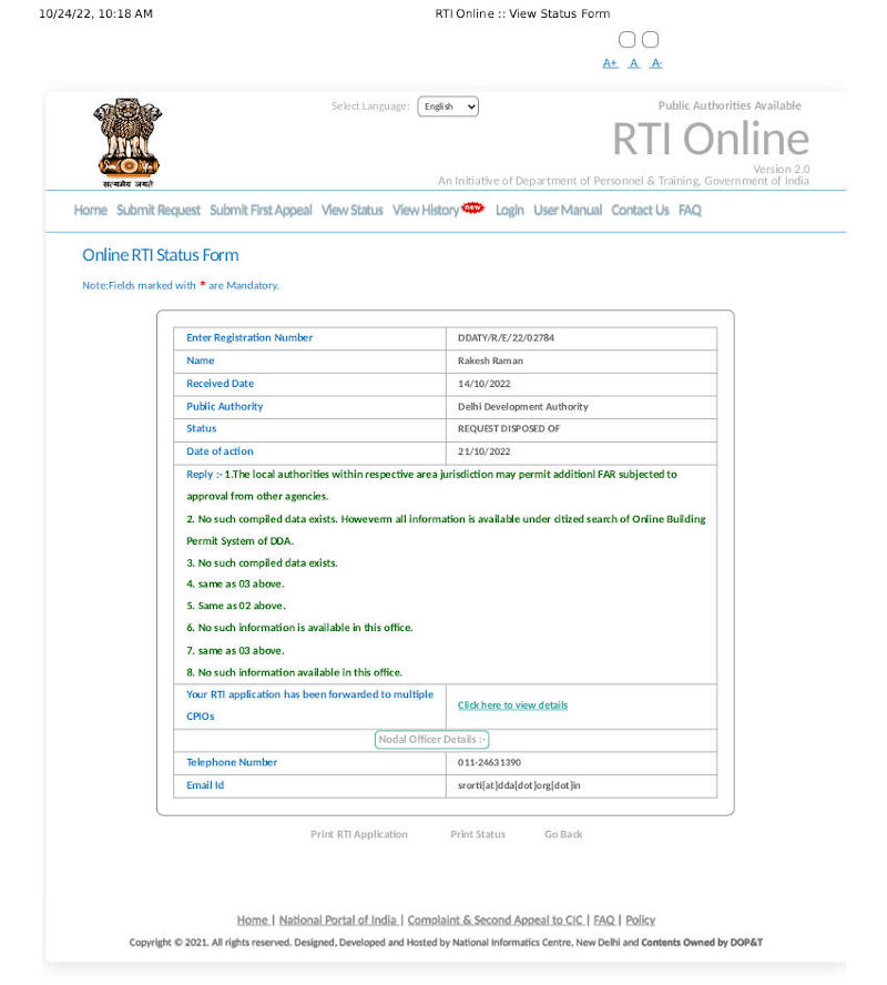 Exhibit 1: In its response dated 21.10.2022 to the RTI application, DDA did not provide information related to FAR construction projects in the Cooperative Group Housing Societies of Delhi including Dwarka.