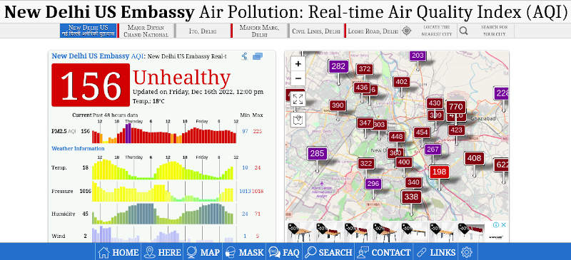 Real-time Air Quality Index (AQI) on December 19, 2022 shows “Unhealthy” and “Hazardous” air quality levels in Delhi.