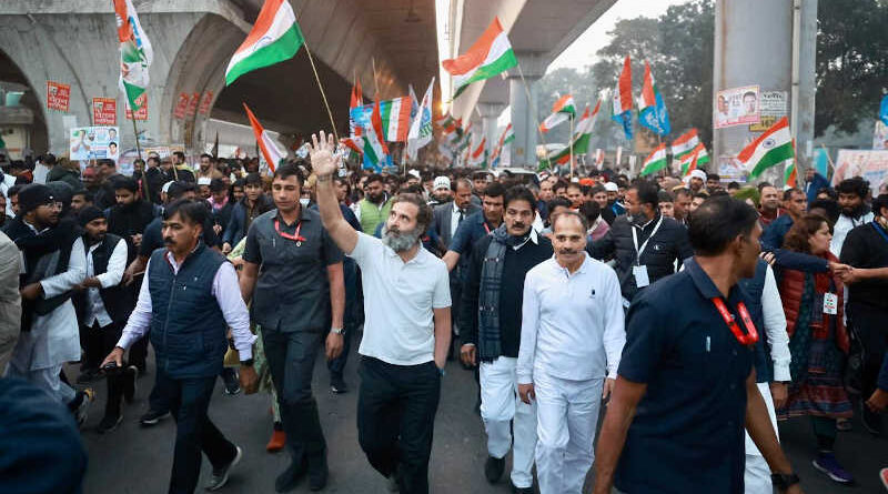 Congress leader Rahul Gandhi leading the Bharat Jodo Yatra (or Unite India March) in New Delhi on December 24, 2022. Photo: Congress