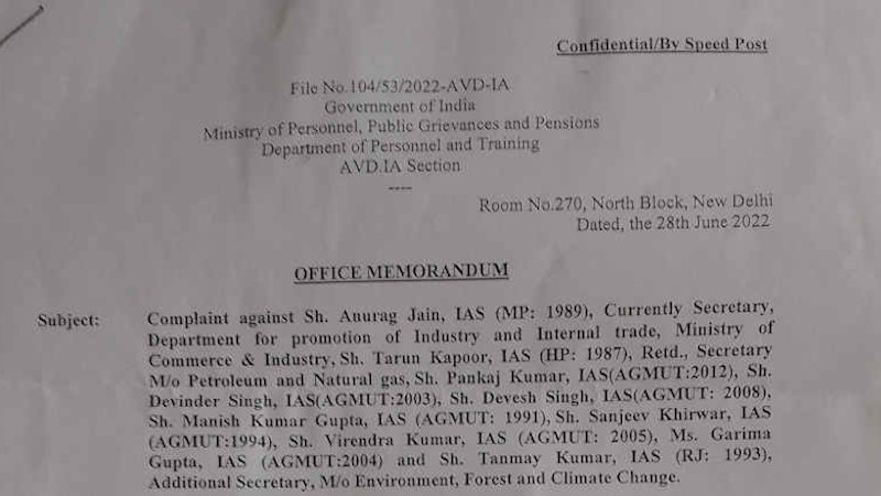 The Department of Personnel and Training (DoPT) with its Office Memorandum dated 28th June 2022 has urged the Cabinet Secretariat, Government of India, to investigate the corruption cases of IAS officers through the Group of Secretaries. The DoPT has sent multiple such letters to Mr. D.K. Jain, Under Secretary (VCC), Cabinet Secretariat, Government of India. But no action has been taken. [ This document image has been cropped to maintain confidentiality in this case which is under investigation. ]