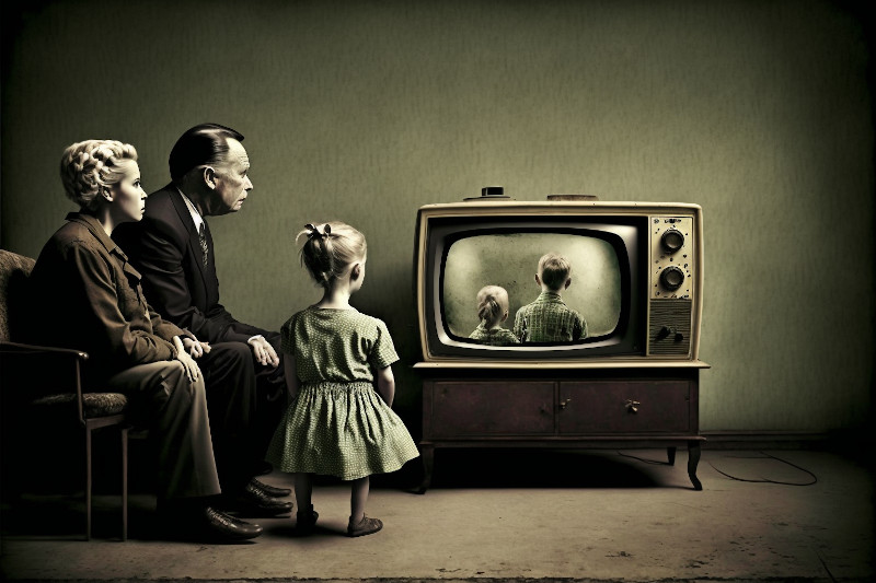 AI-Generated Man, Woman, and Child Watching a TV on RMN News Service