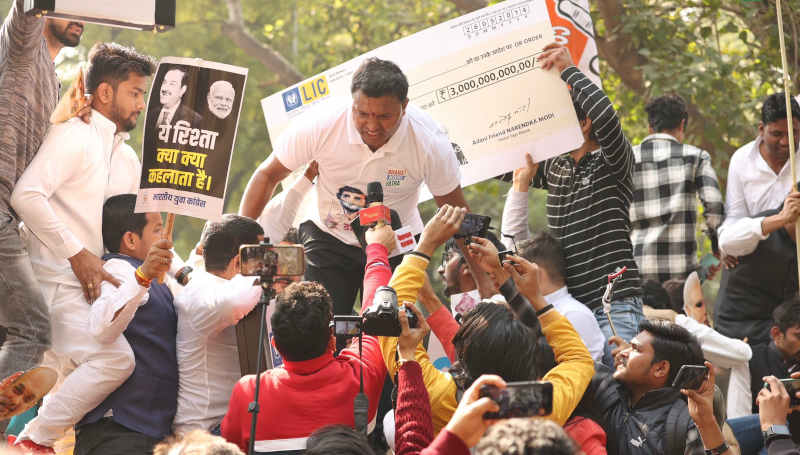 Congress workers protesting against PM Narendra Modi and Adani Group on February 6, 2023. Photo Congress