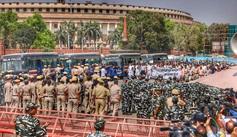 The Modi government deployed heavy police force to stop opposition leaders protesting against Modi and his oligarch friend Gautam Adani in Adani corporate fraud case - in New Delhi on March 15, 2023. Photo: Congress