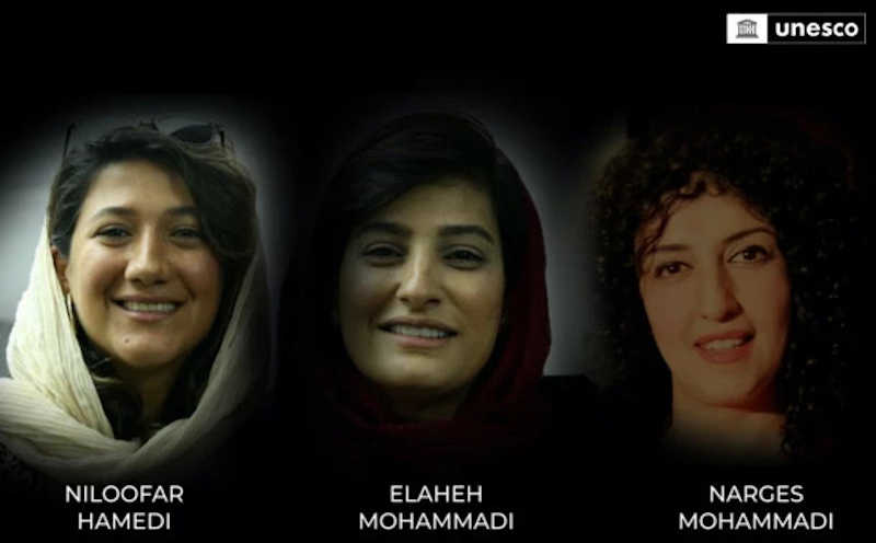 Niloofar Hamedi, Elaheh Mohammadi, and Narges Mohammadi have been named as the laureates of the 2023 UNESCO/Guillermo Cano World Press Freedom Prize. Photo: UNESCO