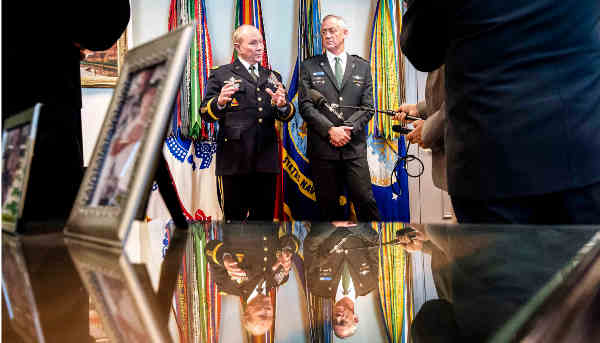 U.S. Army Gen. Martin E. Dempsey, left, chairman of the Joint Chiefs of Staff, and Lt. Gen. Benjamin "Benny" Gantz, chief of the Israeli defense staff, talk to reporters at the Pentagon, Jan. 8, 2015. DoD photo by U.S. Army Staff Sgt. Sean K. Harp